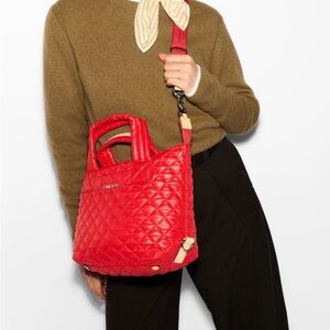 MZ WALLACE Leather Nylon Small Sutton Deluxe Quilted Red Crossbody Top Handbag